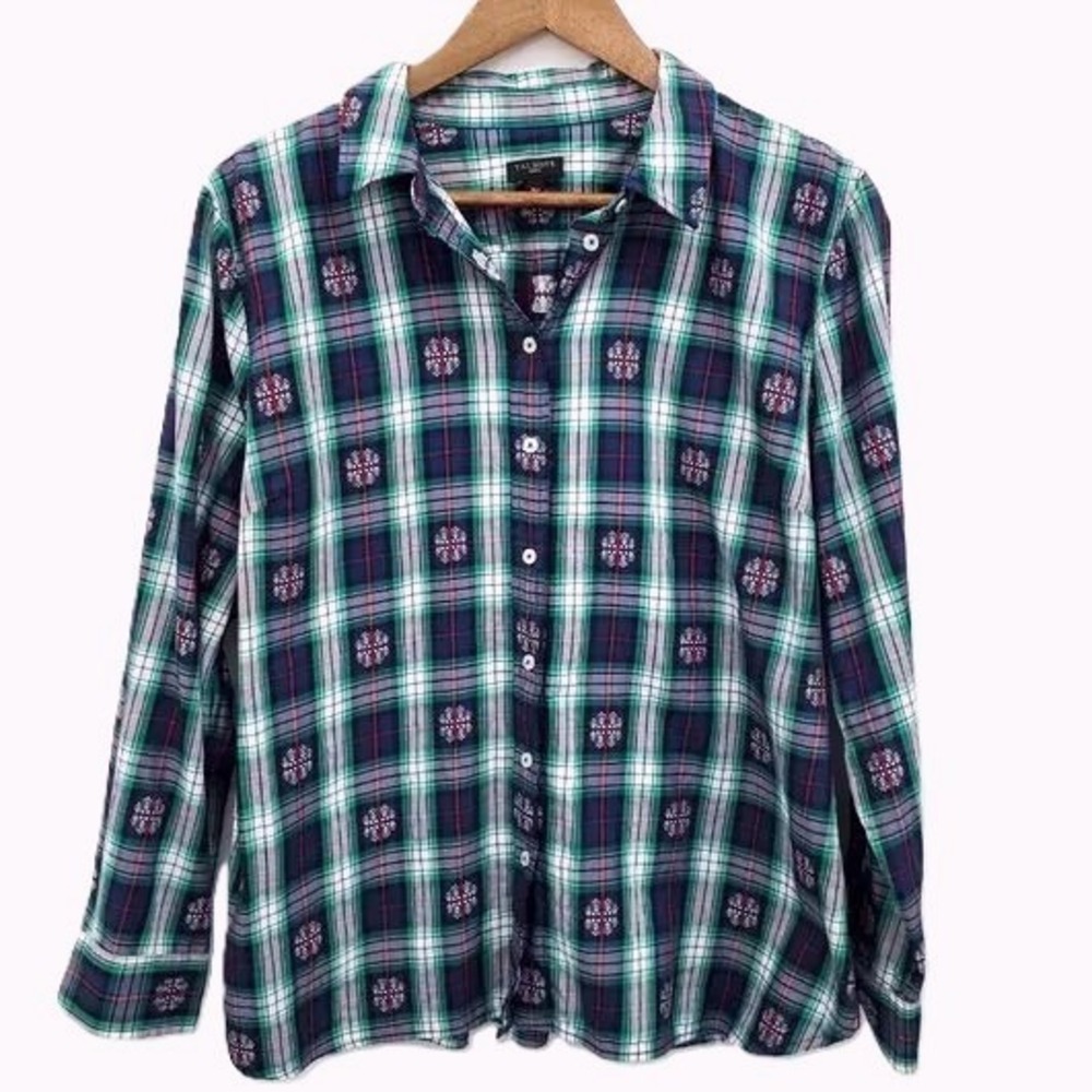 Talbots Womens XLP Green Navy Plaid Button Up Shirt Long Sleeve 100%‎ Cotton Top